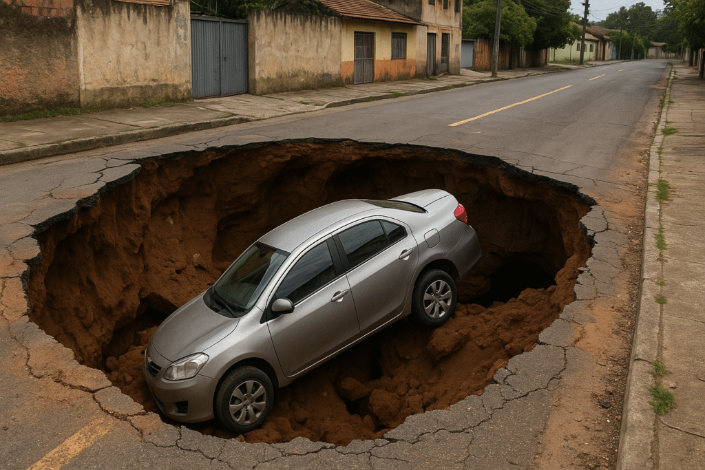 Não era apenas um buraco! Um carro foi engolido por uma cratera no Brasil e o motorista recebeu uma grande indenização.